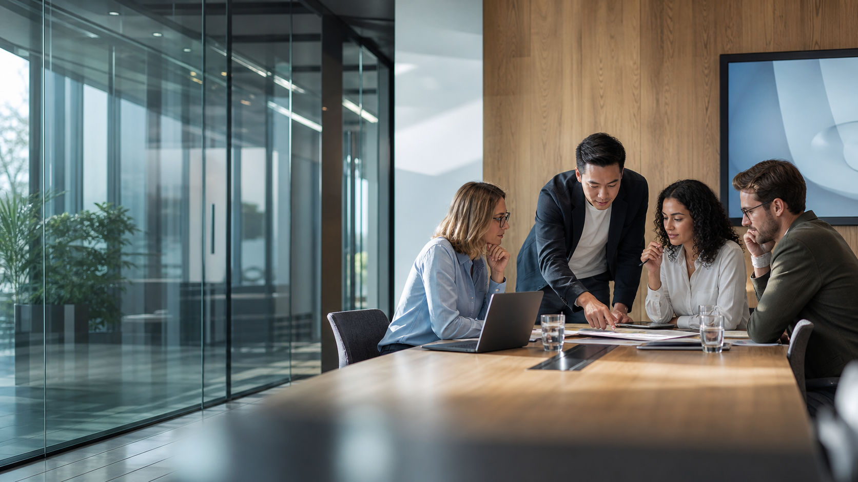 A team collaborating around a presentation in a bright meeting space